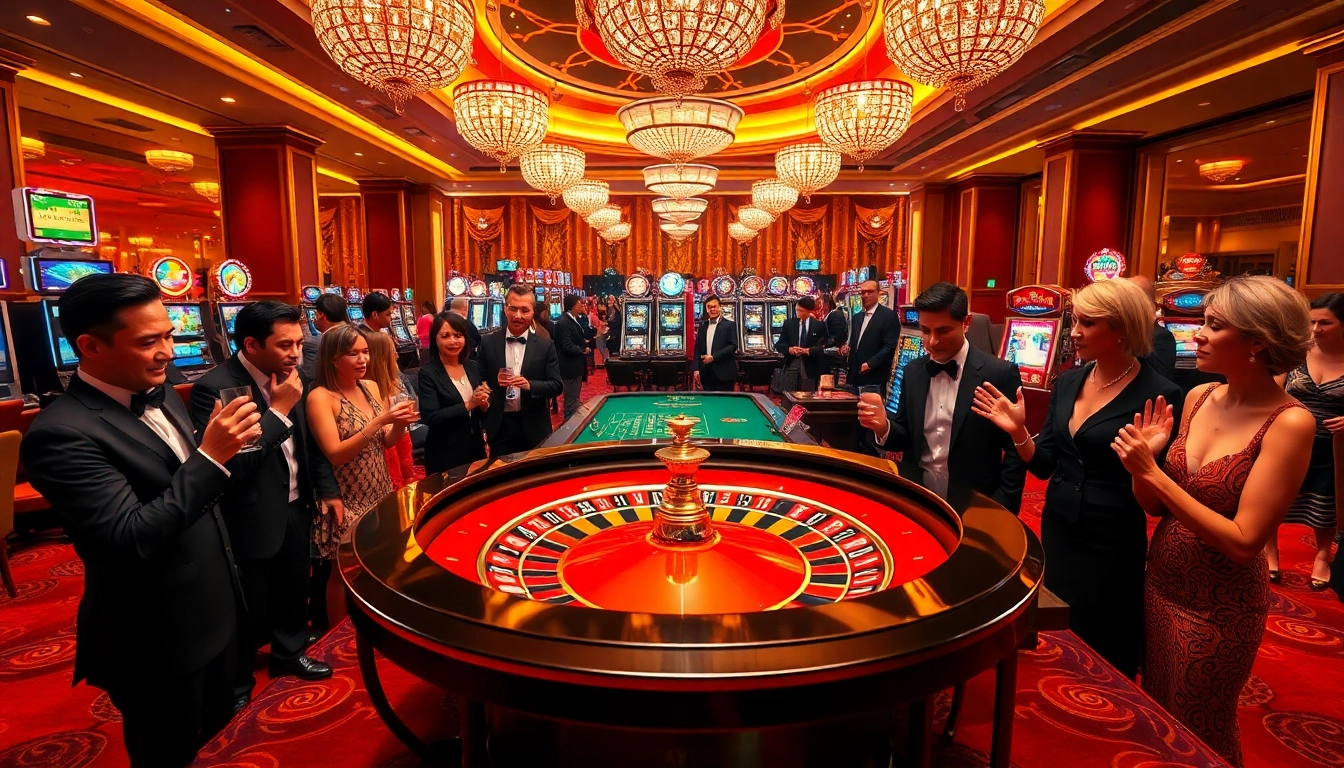 Players enjoying high-stakes gaming at SAY88's luxurious casino, featuring vibrant roulette and slot machines.