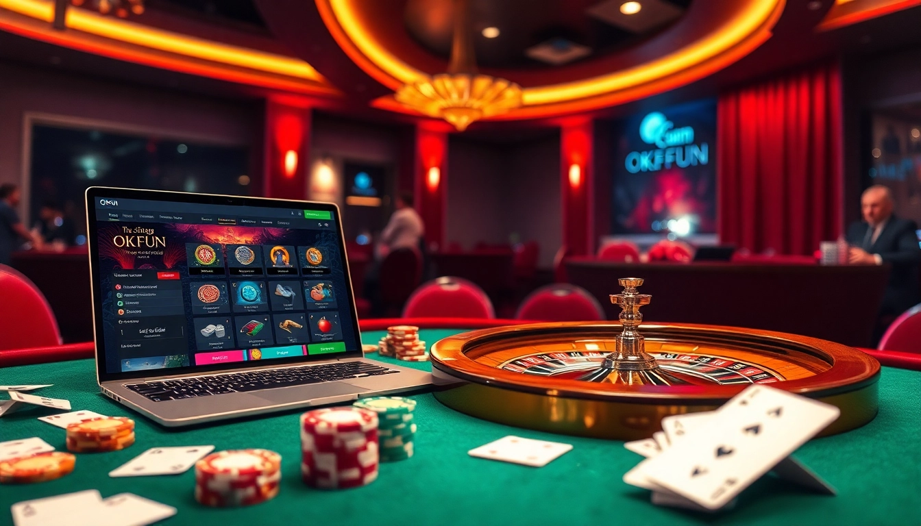 Engaging visual of Trang Chủ OKFUN with casino elements like poker chips and cards.
