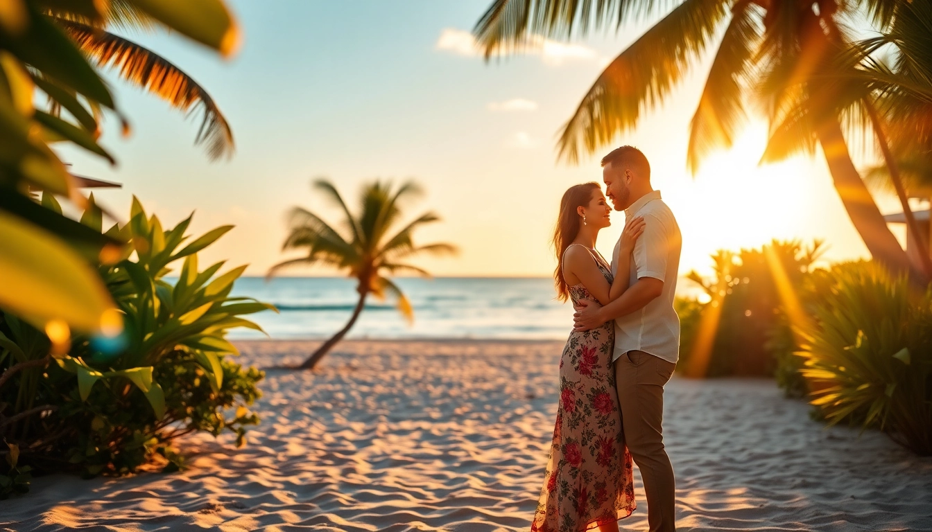 Destination photographer capturing a romantic beach moment during sunset.