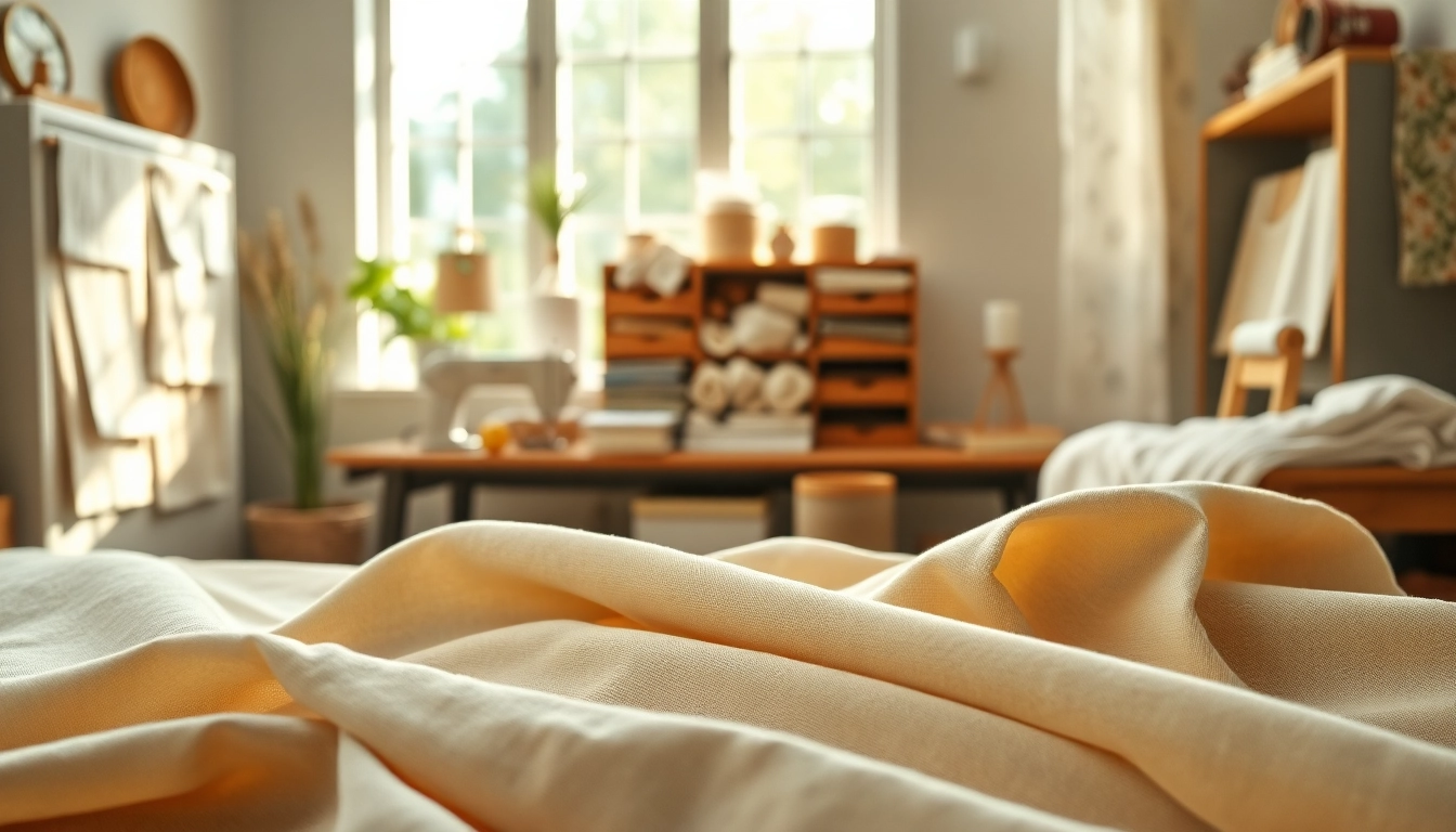 Hoogwaardige linnen stoffen in een elegante naai-ateliersetting, met nadruk op textuur en kleur.