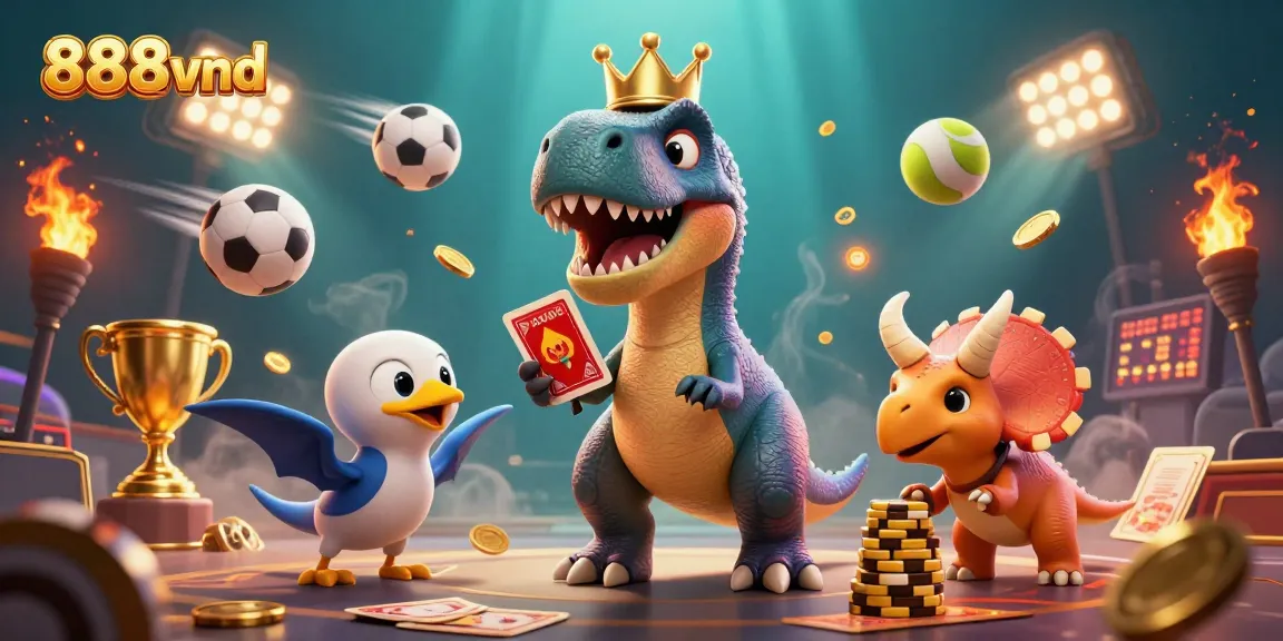 Engage in thrilling games at 888vnd with a playful display of a T-Rex and friends