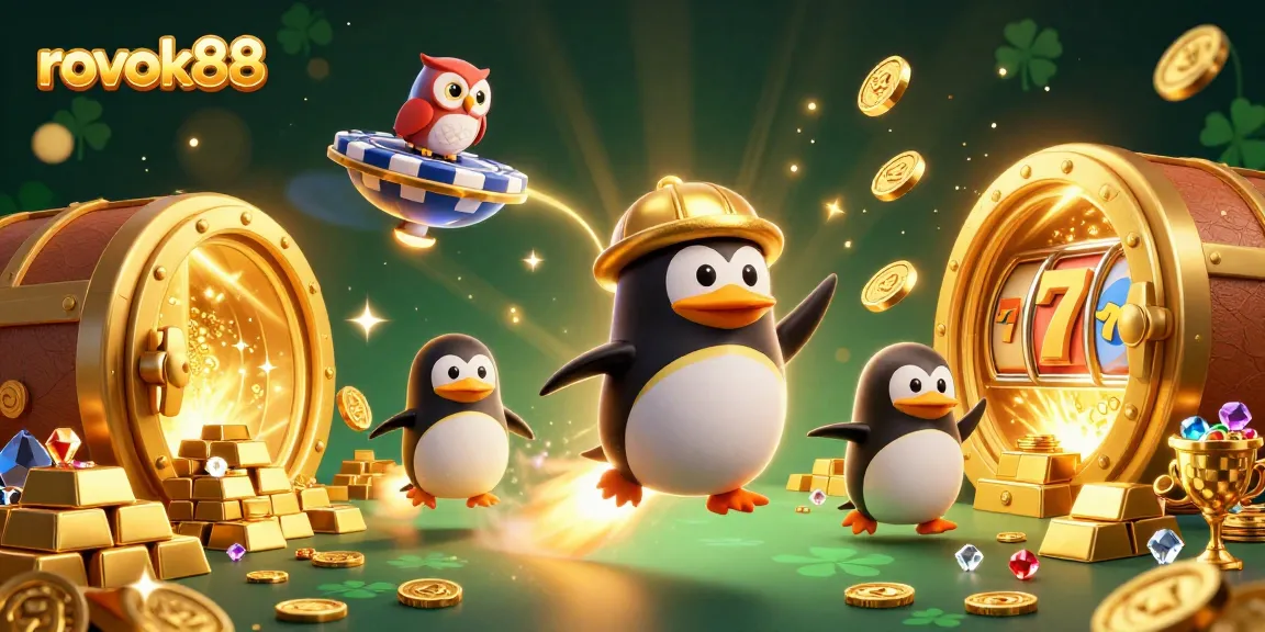 Experience the excitement of rokok88 with a rocket-powered penguin at a vibrant casino!