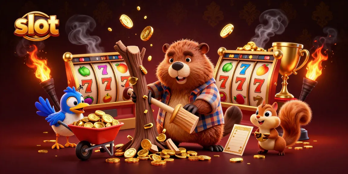 Spin the slot reels filled with gold coins as the beaver chops a tree in this vibrant casino scene.