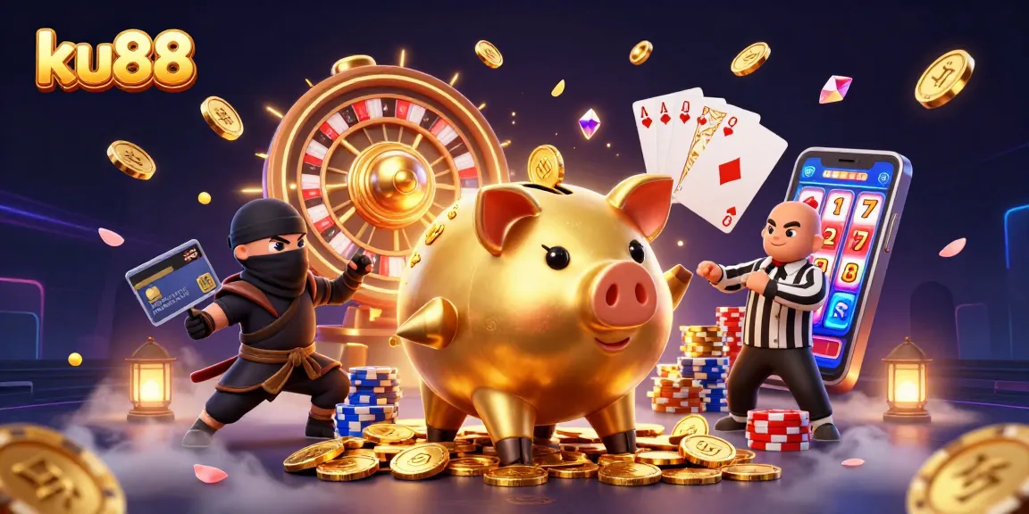 ku88 slots come alive as golden coins and gems scatter around an explosive casino showdown