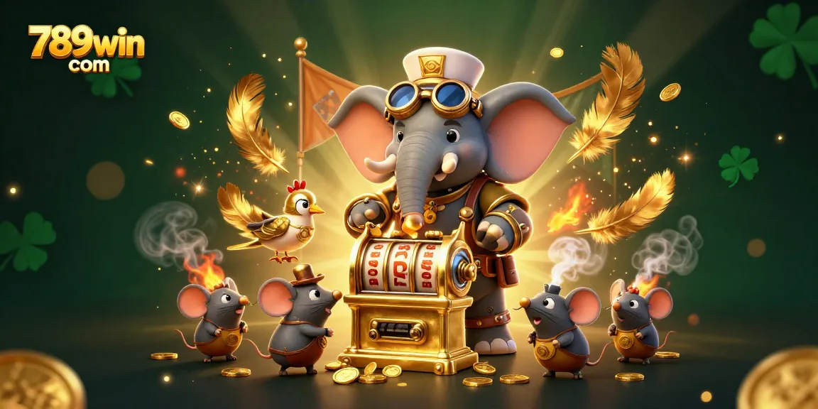 Experience excitement at 789win com with steampunk characters spinning a golden slot machine amidst vibrant atmosphere