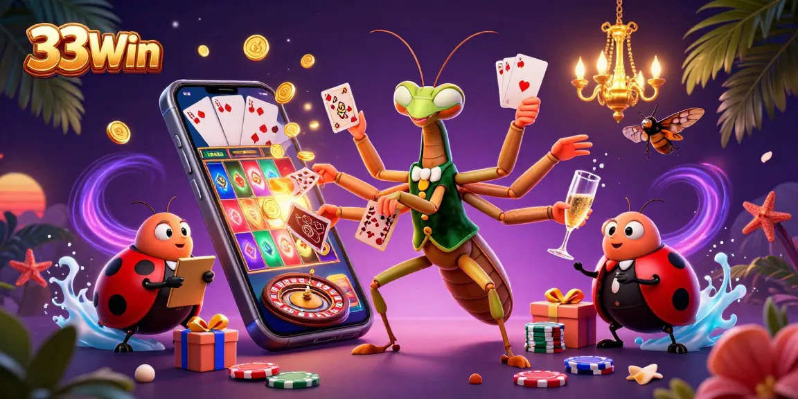 Play slots and win big with 33Win's vibrant casino atmosphere featuring unique characters and dynamic elements.