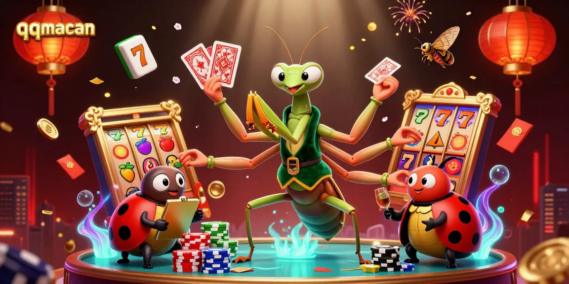 Engage with qqmacan's thrilling slot experience and vibrant gaming elements in a festive casino scene.