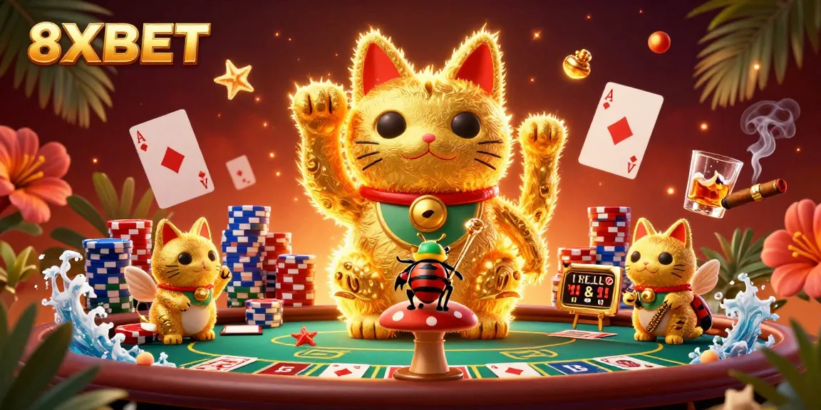 8XBET brings excitement with a giant lucky cat made of fireflies among casino elements.