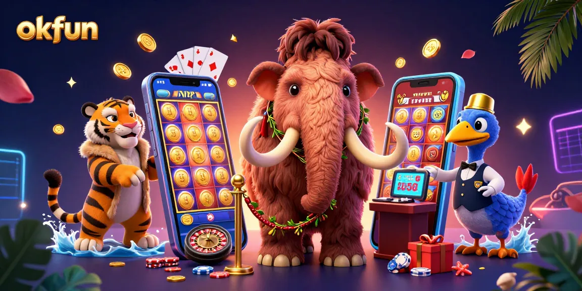 okfun showcases a vibrant casino scene with characters revolving around dynamic slot games and excitement.