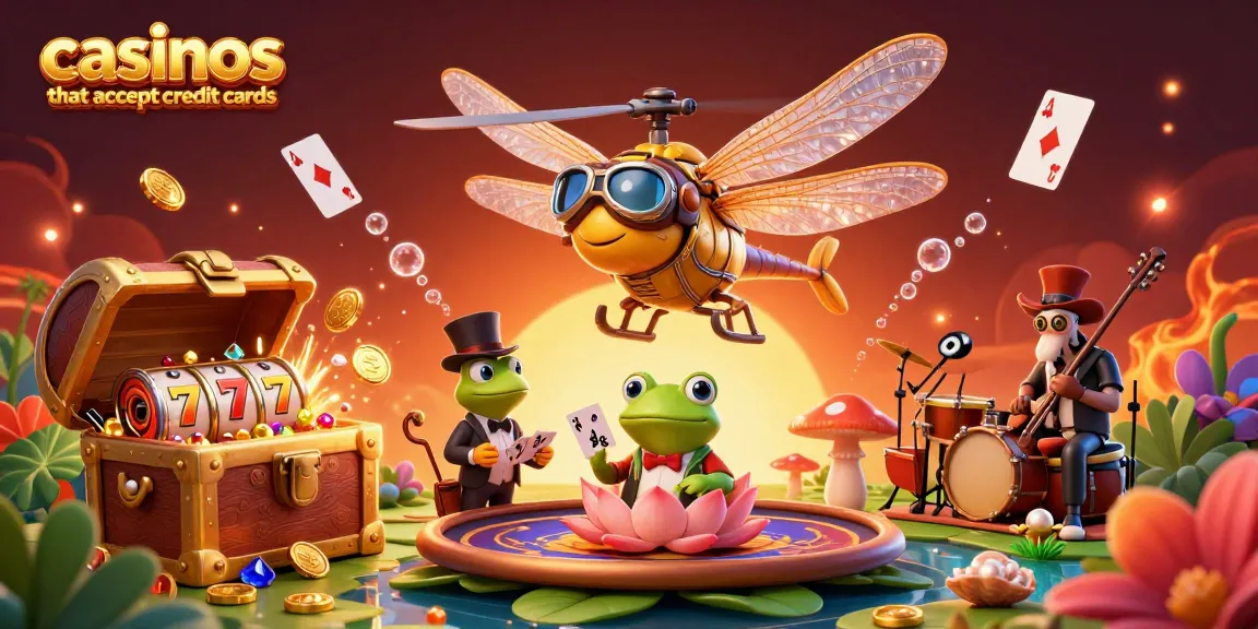 Experience the thrill of casinos that accept credit cards with a lively scene featuring a dragonfly pilot and joyful characters.