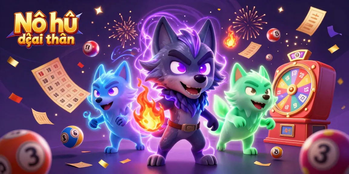 Nổ hũ đổi thưởng captivating scene with glowing wolf characters amidst dynamic lottery elements, refreshing your gambling experience.