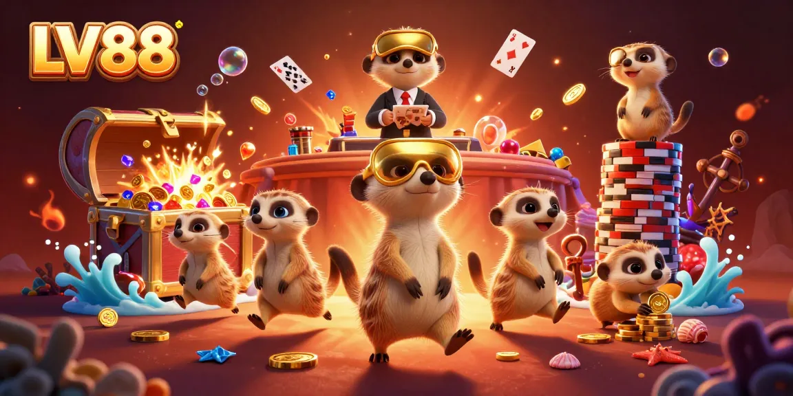 Engage in LV88's thrilling casino atmosphere filled with energetic meerkats and vibrant treasures.