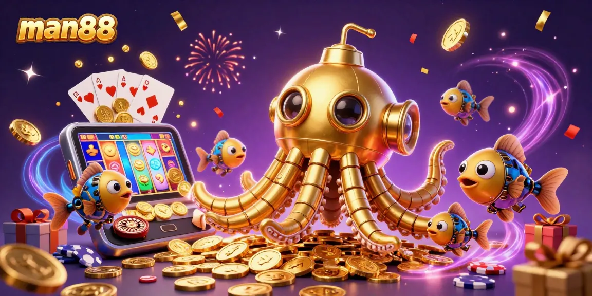Experience thrilling wins with man88 as a golden kraken and vibrant gaming elements bring excitement to life.