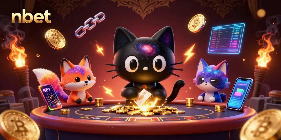 Play and win with nbet in a vibrant cosmic crypto casino featuring a cartoon cat.