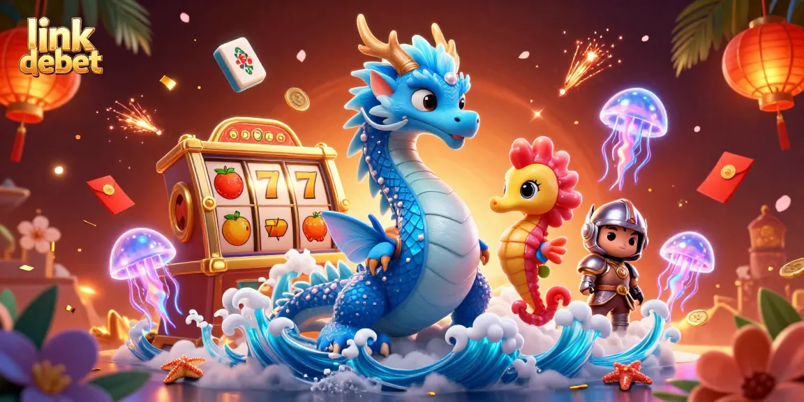 Engage with link debet at this vibrant 3D illustration of a water dragon, seahorse knight, and slot machines!