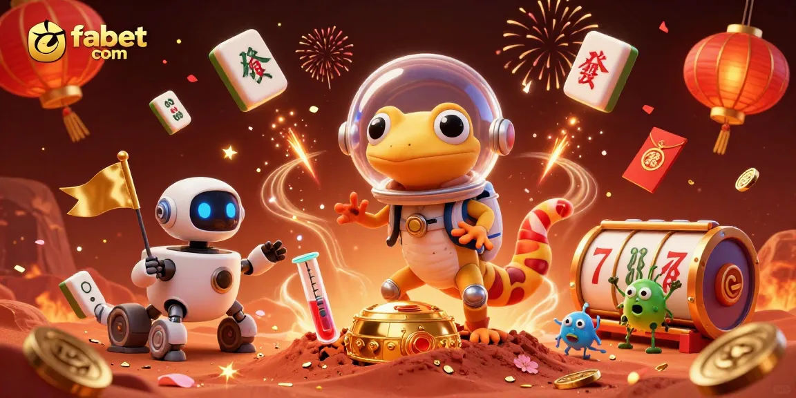 Join the fun at fabet com with a dynamic scene featuring a Martian gecko and colorful casino elements.