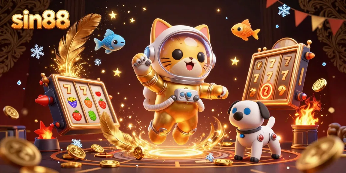Engage in thrilling fun at sin88 with a vibrant 3D casino scene featuring characters and slot elements.