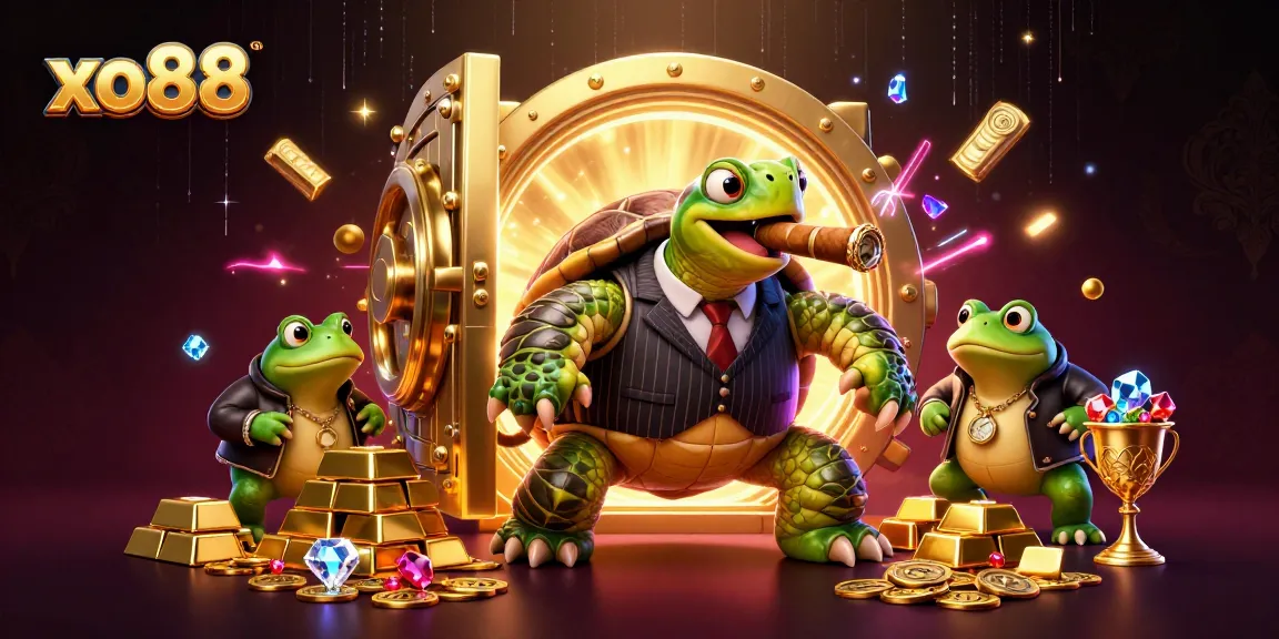 Experience thrilling action at xo88 with a mobster snapping turtle and bullfrog enforcers in a lively casino scene.