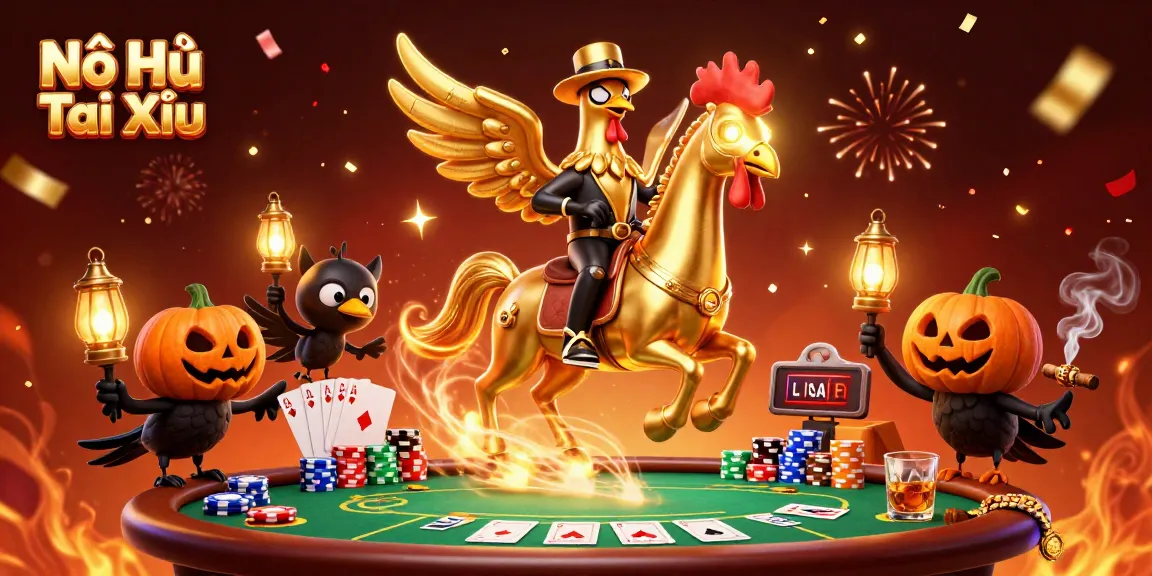 Nổ Hũ Tài Xỉu celebrates with a golden rooster and crow friends in a vibrant casino scene.