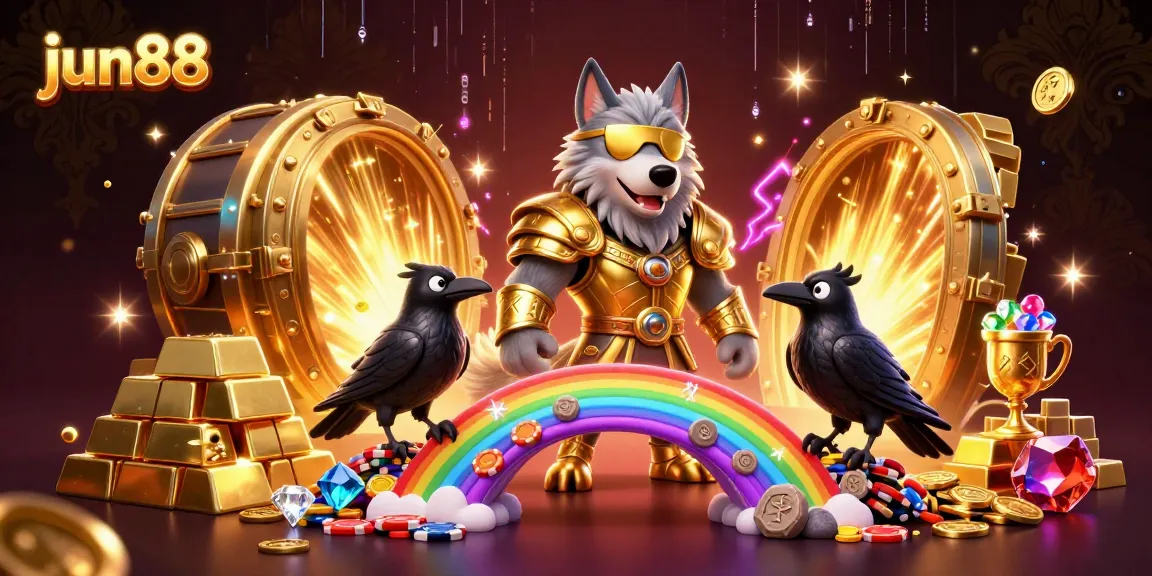 Experience the excitement at jun88 with Odin and ravens on a vibrant casino bridge illustration.