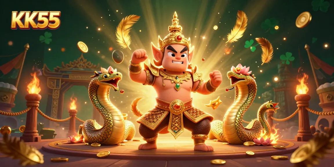 Engage in thrilling bets at KK55 with a fierce guardian, golden Naga, and sparkling casino elements!
