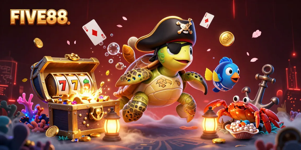 Engage with FIVE88's vibrant 3D illustration featuring adorable characters amidst thrilling slot action in a treasure-filled scene.