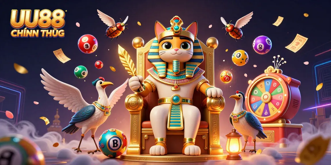 UU88 CHÍNH THỨC showcases a vibrant lottery scene with creative gaming elements and iconic characters.