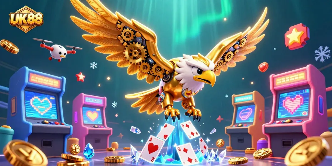 Experience the excitement of UK88 with a cybernetic eagle soaring through holographic casino cards.