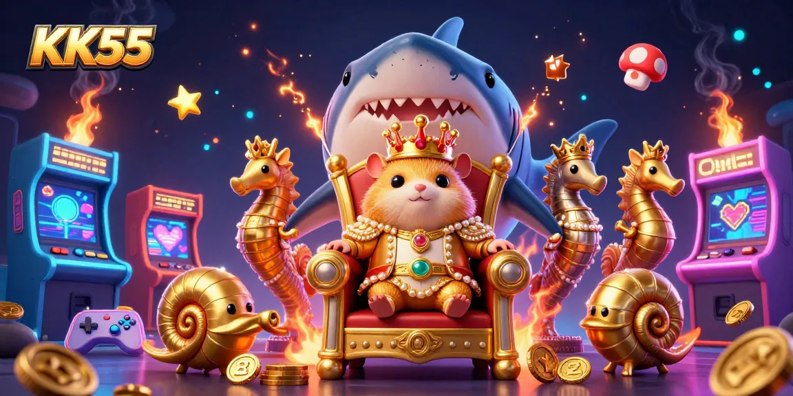 Experience gaming adventures with KK55's vibrant characters and exciting elements in a dynamic casino scene.