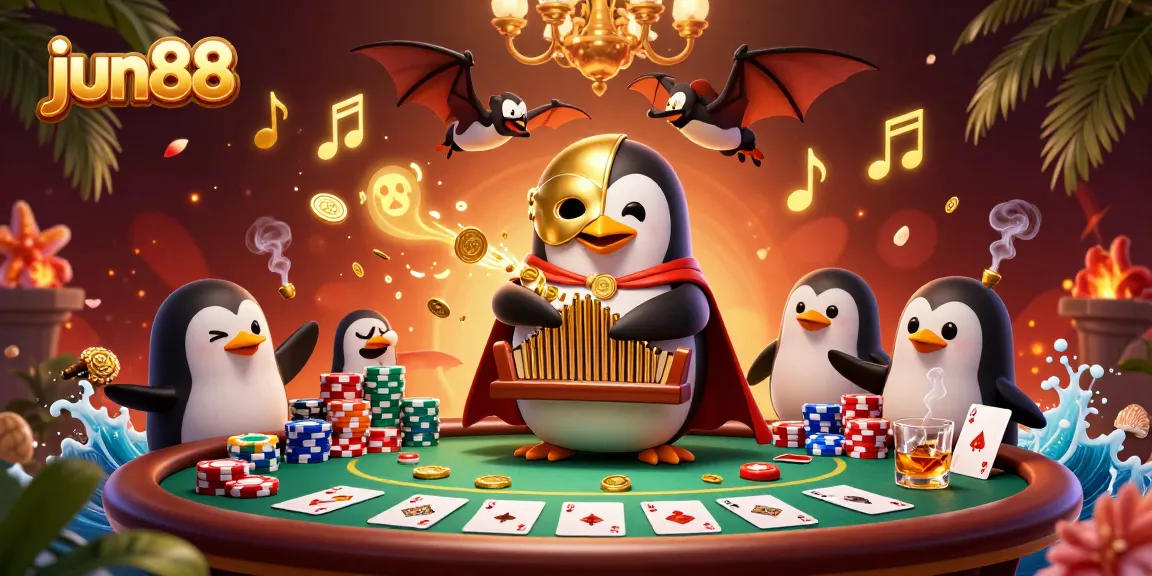 Experience thrilling gameplay with jun88, where the penguin organist showers coins and poker excitement fills the air.