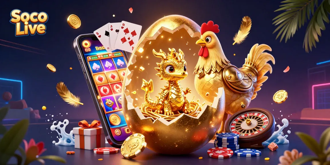 Soco Live features a dazzling display of a golden dragon and casino elements, embodying a vibrant gaming adventure.