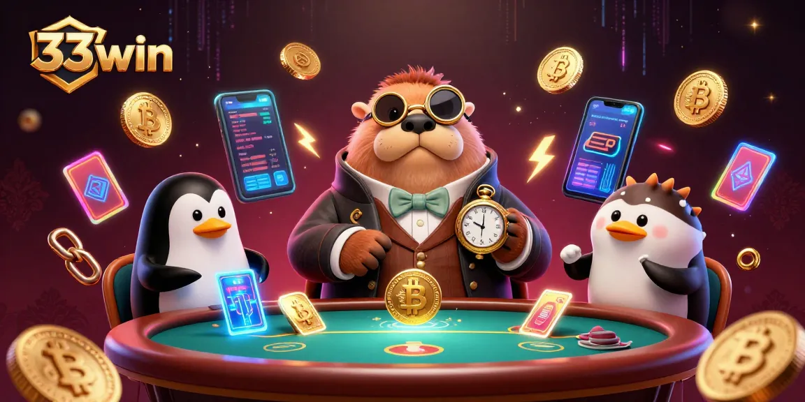 Experience 33win's immersive casino atmosphere with a unique underwater gambling scene featuring a walrus and a pufferfish.