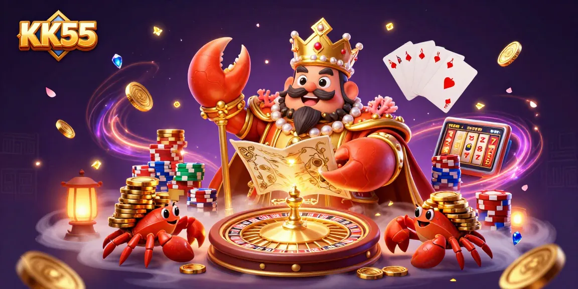 KK55 showcases a golden crab emperor surrounded by dynamic casino elements and vibrant treasures.
