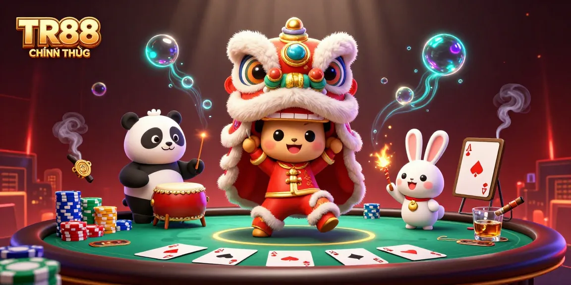 Engage with TR88 CHÍNH THỨC through a vibrant scene of playful characters and poker action.