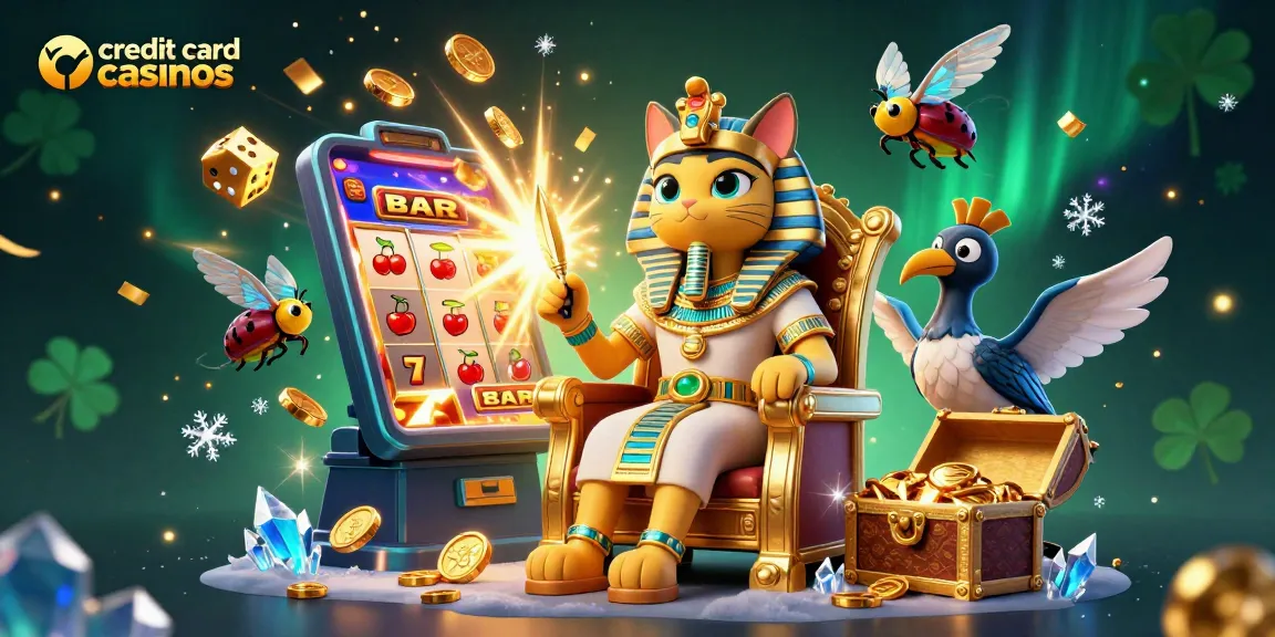 Experience excitement at credit card casinos with an Egyptian pharaoh cat and vibrant gaming elements.