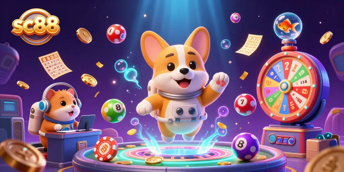 Engage with sc88's lively lottery scene featuring an astronaut corgi and colorful game elements.