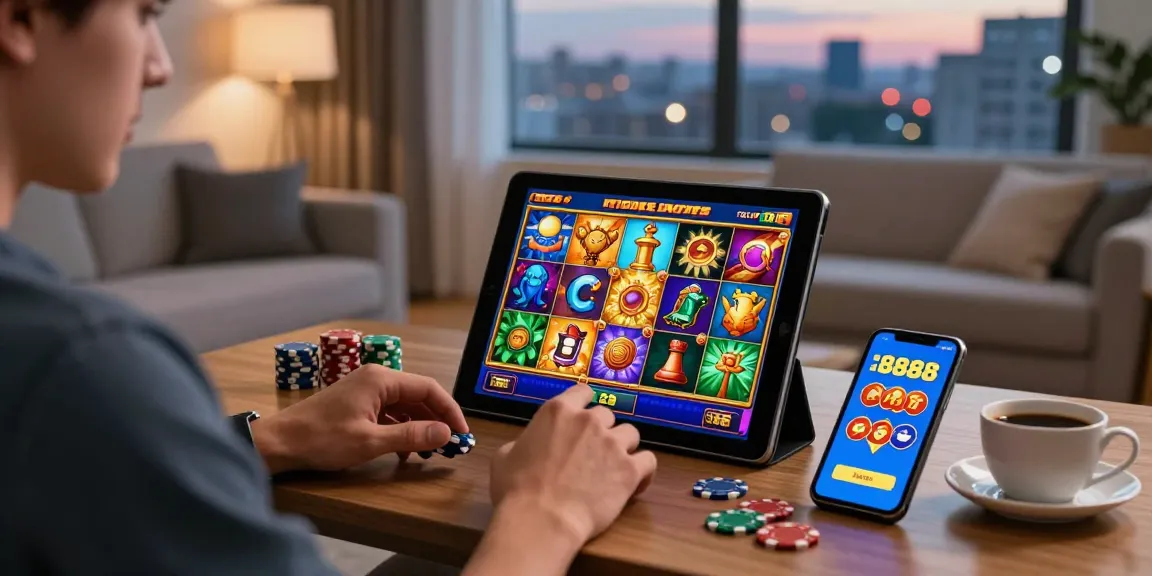 Player engaging with slot88 games on a tablet in a cozy modern living room.