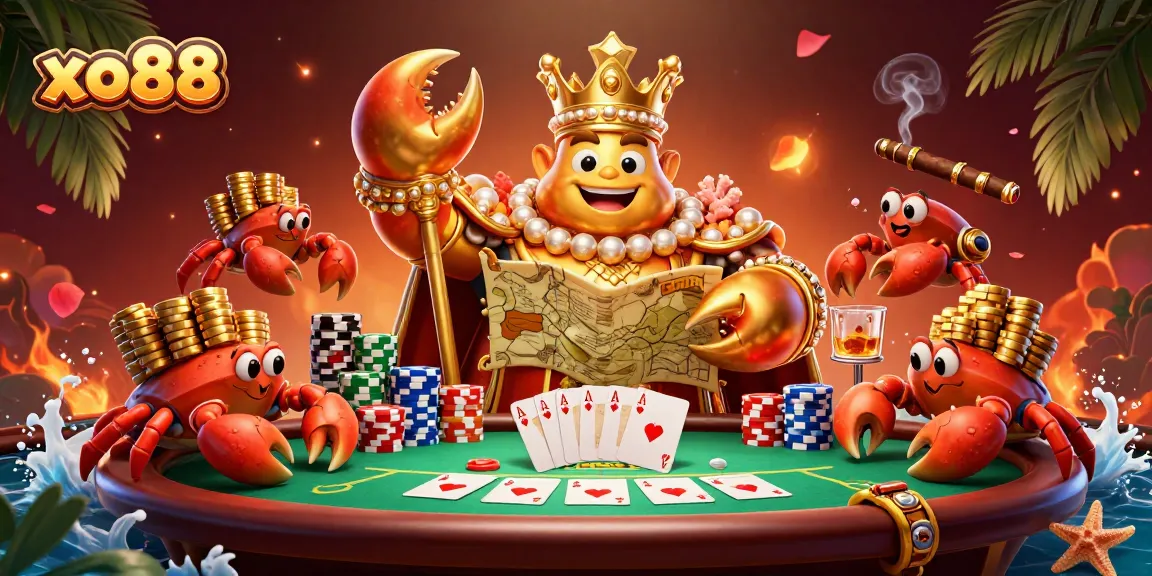 Join the exciting world of xo88 poker with a vibrant scene featuring a golden crab emperor and themed game elements.